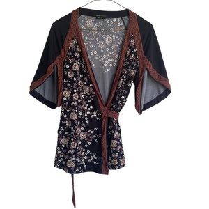 BCBG Maxazria small Asian inspired floral wrap blouse black, brown and w…